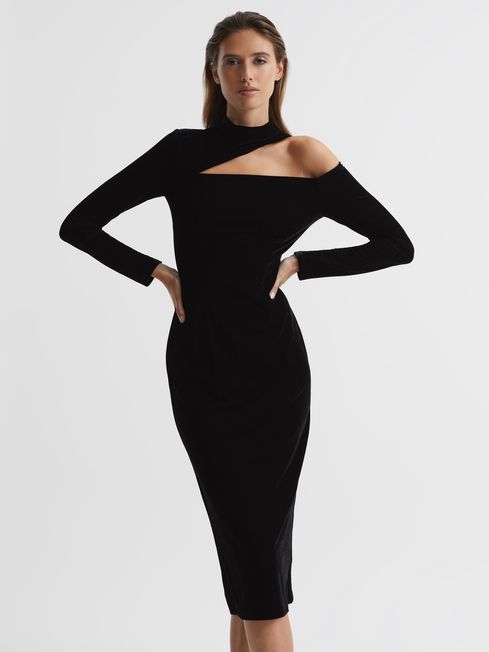 Reiss Black Tatiana Regular Velvet Cut-Out Shoulder Dress | Reiss UK