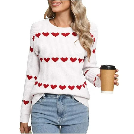 SYMOID Womens White Heart Print Sweater - 100% Polyester Long Sleeve Crew Neck Cozy Relaxed Fit for Fall Winter & Valentine’s Day Size L | Walmart (US)