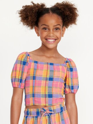 Short Puff-Sleeve Linen-Blend Top for Girls | Old Navy (US)