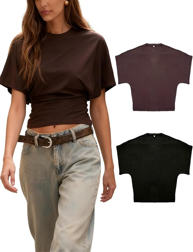 Shirts for Womens Crewneck Tighten Waist T-Shirt Casual Short Sleeve Workout Tops Solid Color Bas... | Amazon (US)