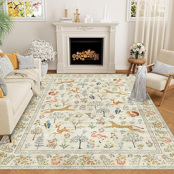 DUKINO 5x7 Rug, Washable Animal Living Room Rug with Non Slip Vintage Design, Soft Low Pile Large... | Amazon (US)
