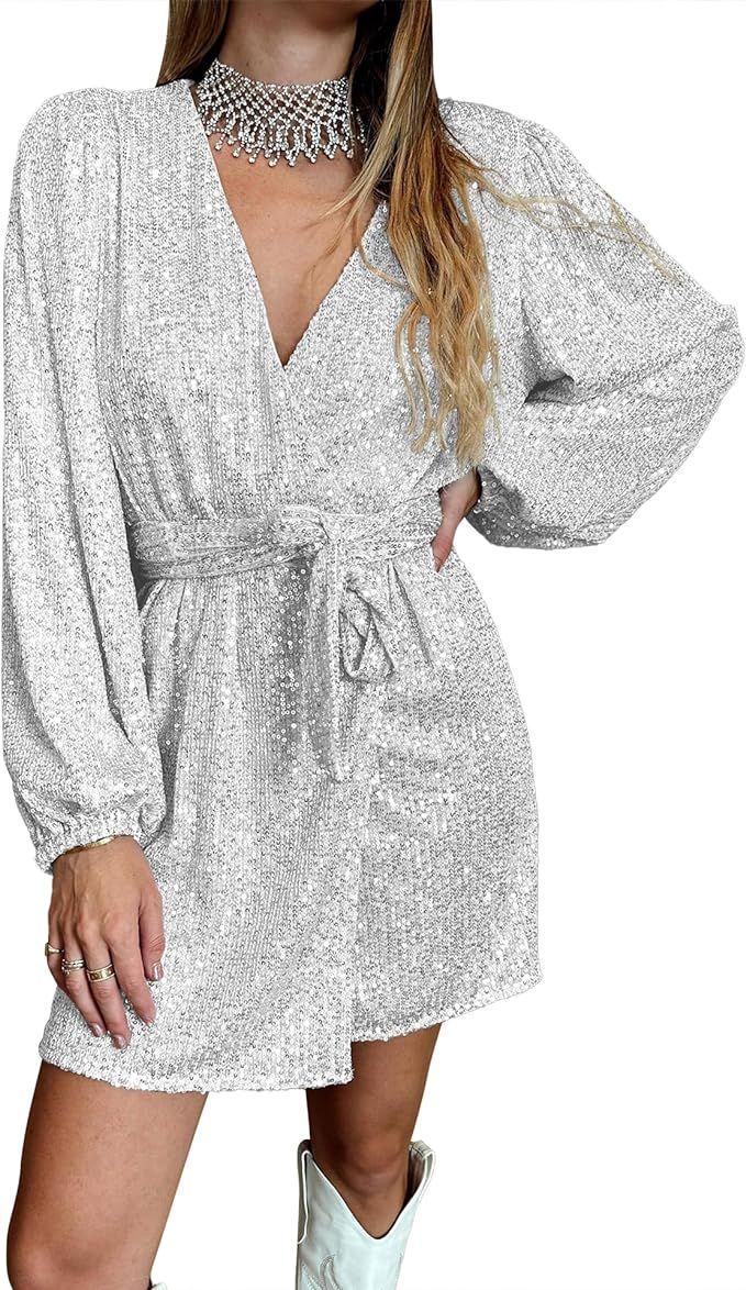 FAIABLE Sequin Dress Long Sleeve Mini Dress Sexy V Neck Sparkly Glitter Wrap Dress with Belt for ... | Amazon (US)
