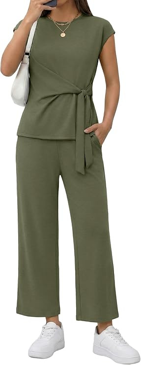 Casly Lamiit 2 Piece Set for Women Summer Casual Cap Sleeve Top with Belted Tie Crop Wide Leg Pan... | Amazon (US)
