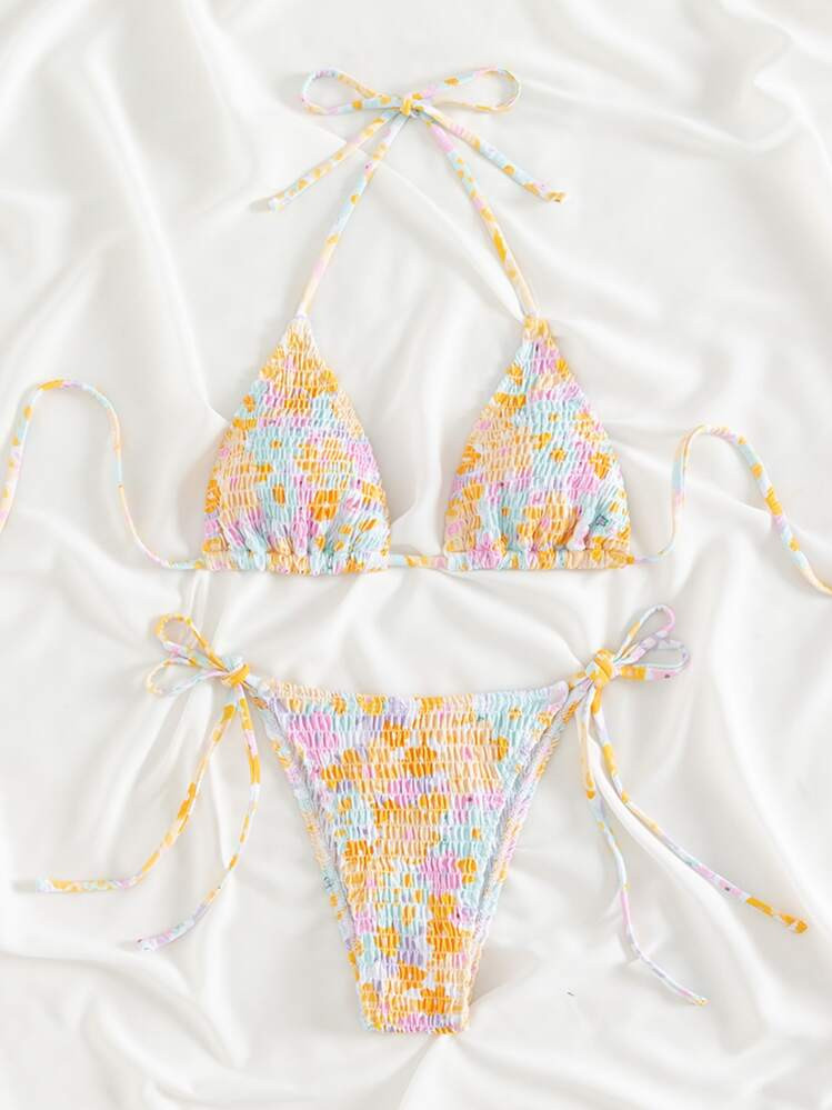 Swim Mod Summer Beach Random Floral Print Bikini Set Smocked Halter Triangle Bra Top & Tie Side Bikini Bottom 2 Pieces Bikini | SHEIN