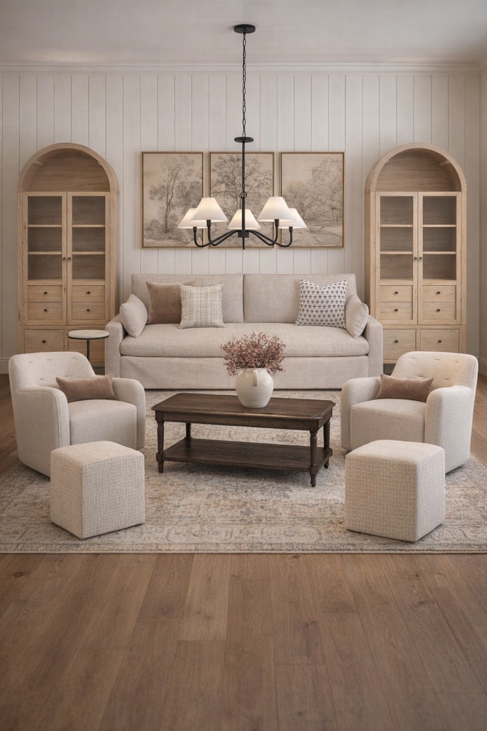 Love this cozy and Neutral Living Room Decor Ideas, beige sofa, swivel chairs, coffee table, area rug arched bookcases, living room decor  

#LTKSaleAlert #LTKHome #LTKFindsUnder100