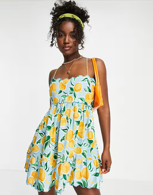 ASOS DESIGN scallop edge cut out back mini sundress in orange print | ASOS (Global)