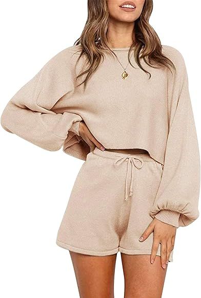 Gihuo Women' s Striped 2 Piece Outfits Crewneck Knit Pullover Sweater Shorts Set | Amazon (US)