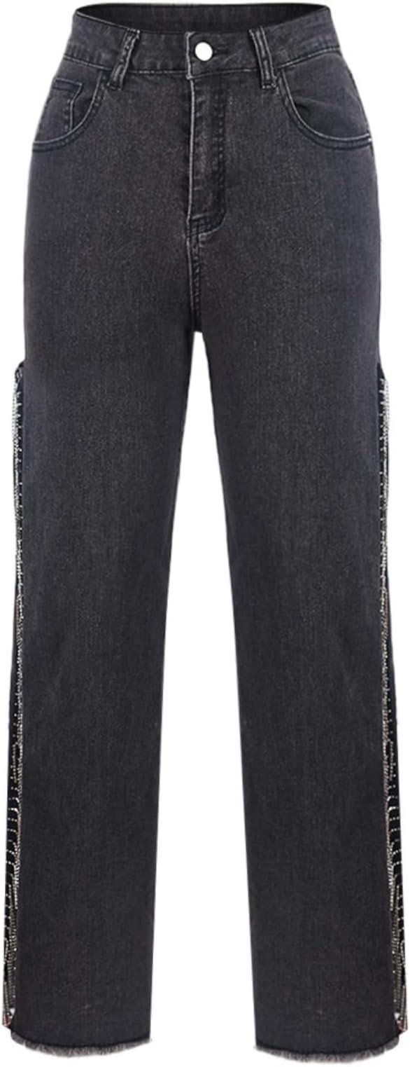 Women High Waisted Jeans Straight Wide Leg Pants with Rhinestone Fringe Trim Split On The Side | Amazon (US)
