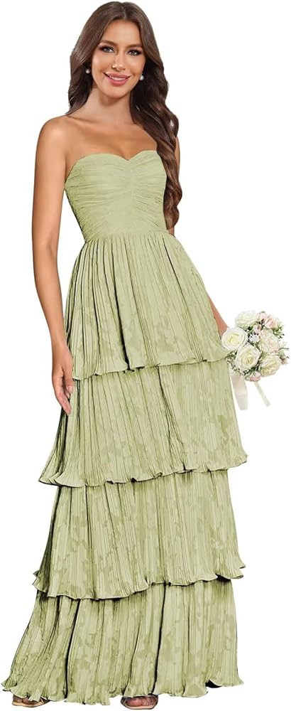 Floral Chiffon Bridesmaid Dress for Women Tiered Pleated Strapless Formal Gowns and Evening Dress... | Amazon (US)