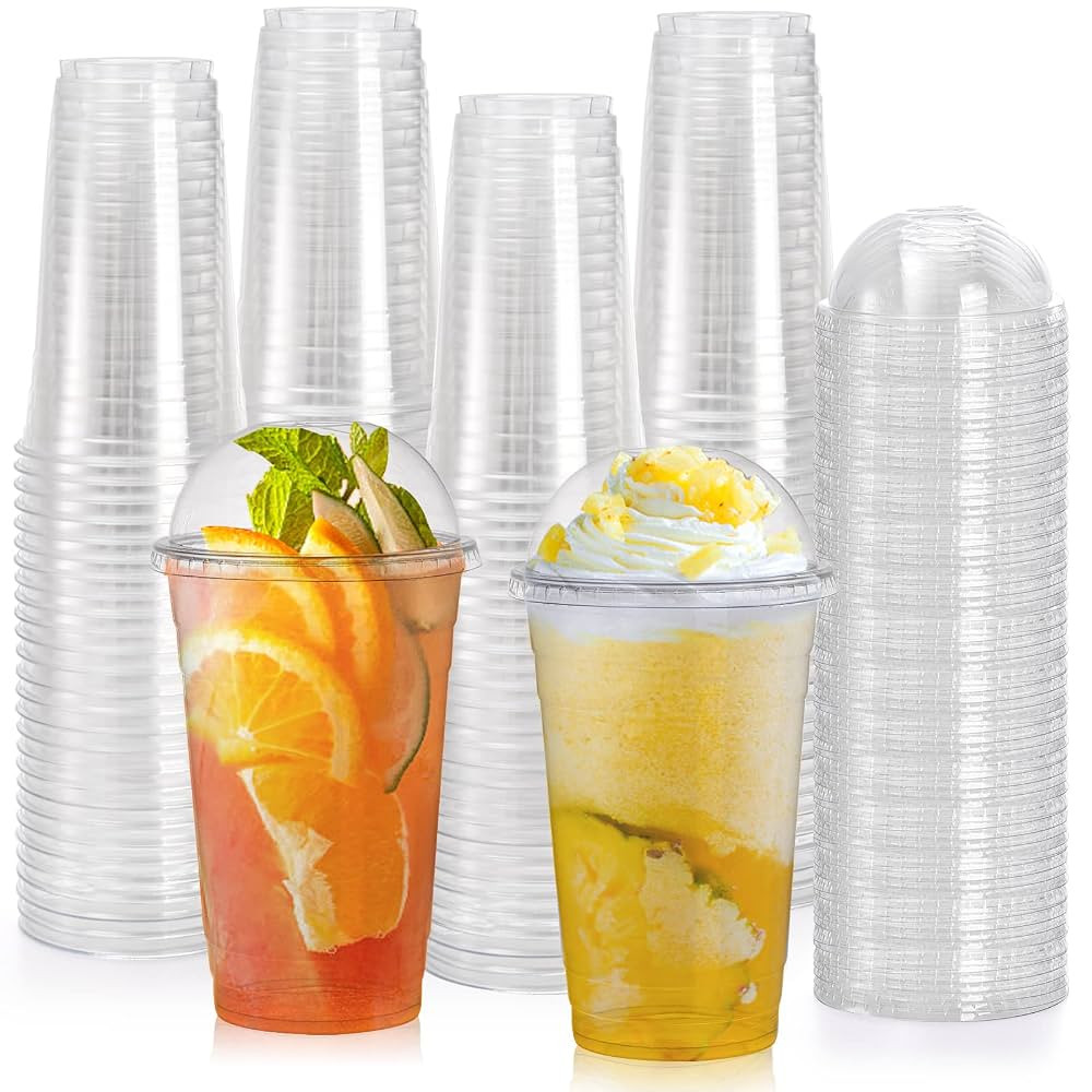 Okllen 100 Pack 24 Oz Plastic Cups with Dome Lid and Hole, Disposable Clear Drinking Cups for Par... | Amazon (US)