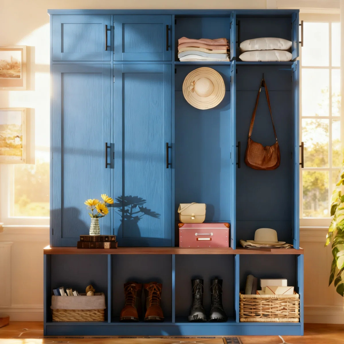 Farmhouse Hall Tree With 4 Hidden Hooks, Entryway Bench With 8-Door Storage & Open Shoe Compartme... | Wayfair North America