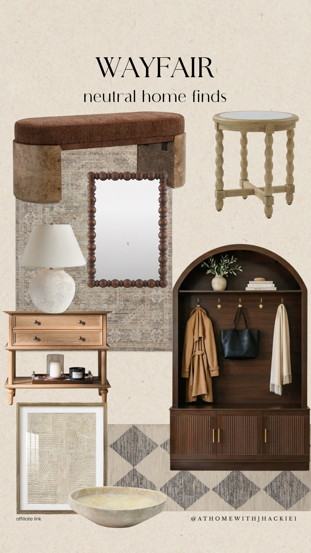 Wayfair home finds, Wayfair furniture, neutral home decor, organic modern decor, modern traditional home, warm neutral home, designer home finds, affordable luxury furniture, entryway inspiration, entryway bench, wood bead mirror, burl wood furniture, round wood side table, console table styling, neutral area rug, mudroom inspiration, hall tree with storage, neutral living room decor, cozy home decor, home decorating ideas

#LTKHome