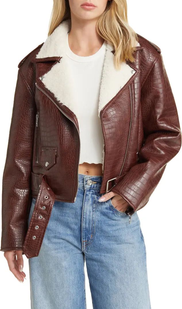 Croc Embossed Faux Leather & Faux Shearling Moto Jacket | Nordstrom