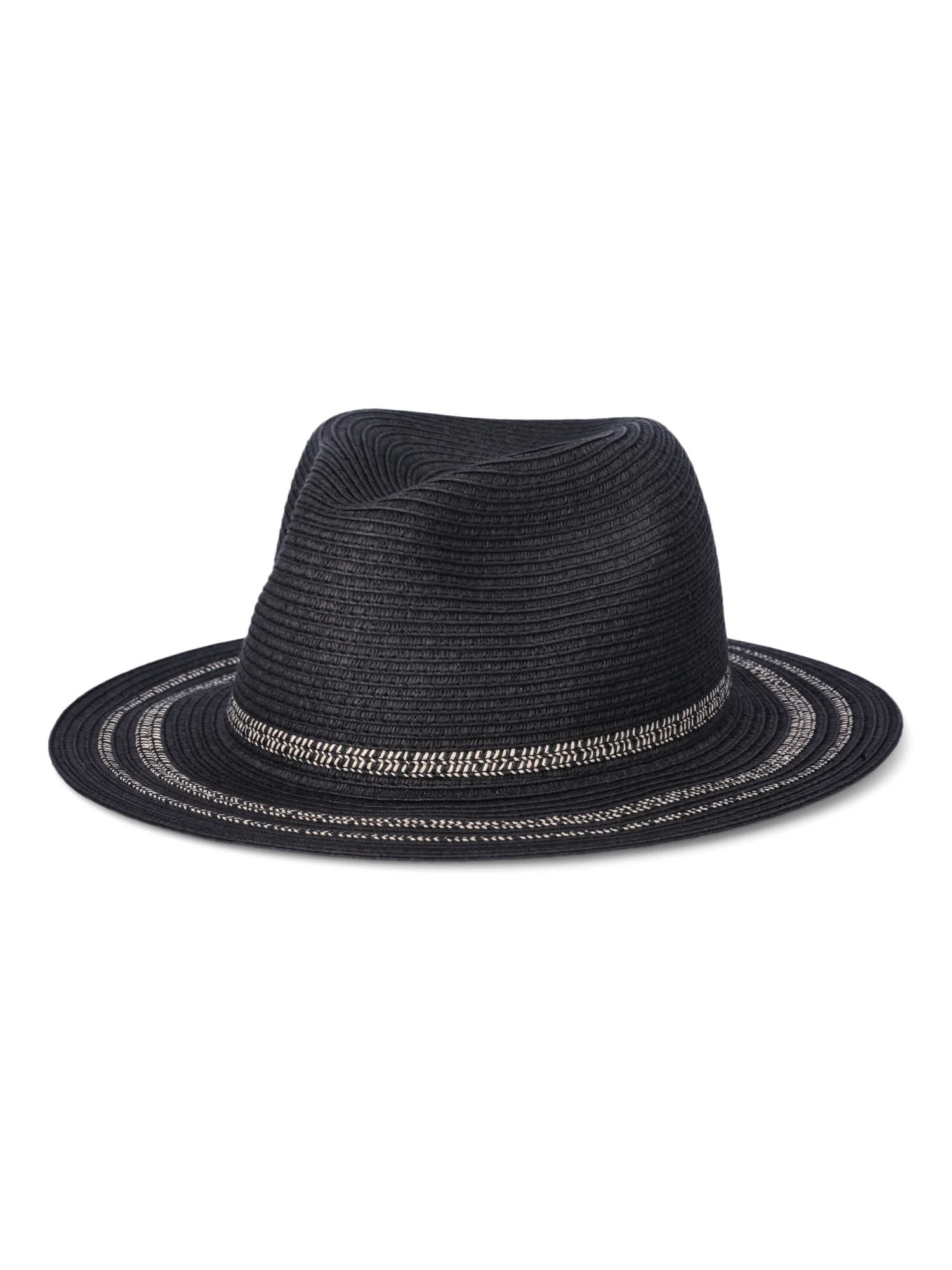 Time and Tru Women's Striped Straw Panama Hat, Black | Walmart (US)