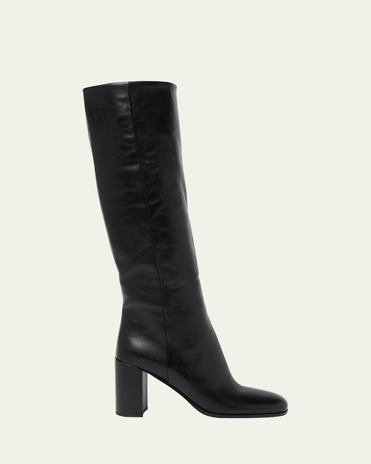 Triangle Logo Leather Block-Heel Knee Boots | Bergdorf Goodman
