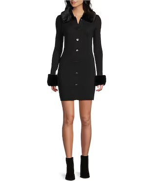 Removable Faux Fur Trim Collared Long Sleeve Button Front Dress | Dillard's
