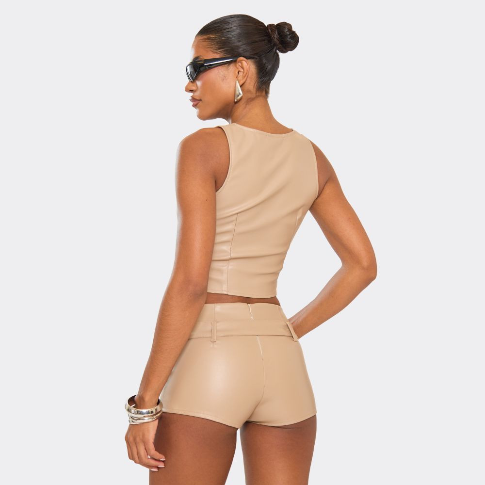 Mid Rise Belted Hot Pant Shorts In Brown Faux Leather | EGO (UK)