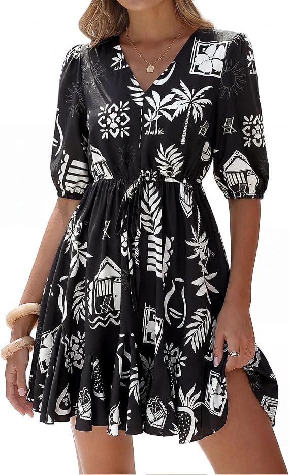 BTFBM Women Summer Spring Floral Boho Dress 2026 V Neck Short Sleeve Ruffle Beach Vacation Clothe... | Amazon (US)