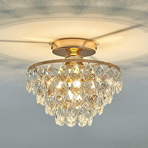 YYJLX Modern E26 Small Crystal Chandelier Semi Flush Mount Ceiling Light Fixture Gold Ceiling Lamp f | Amazon (US)
