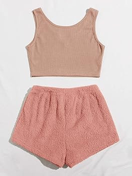 Milumia Women's Two Piece Pajama Crop Tank Top Tie Waist Fluffy Teddy Shorts Lounge Set Pink Plai... | Amazon (US)