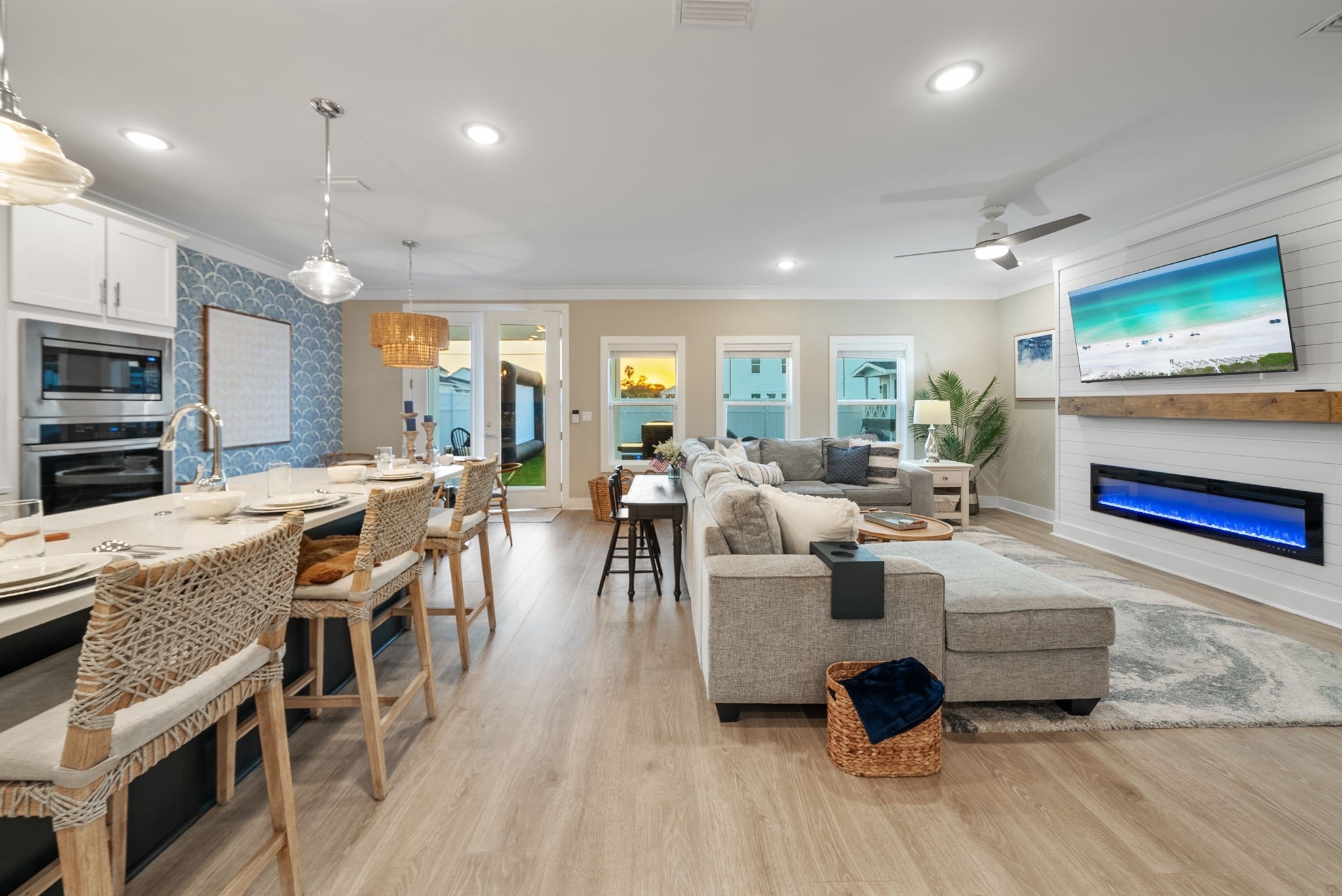 Coastal living room and kitchenn