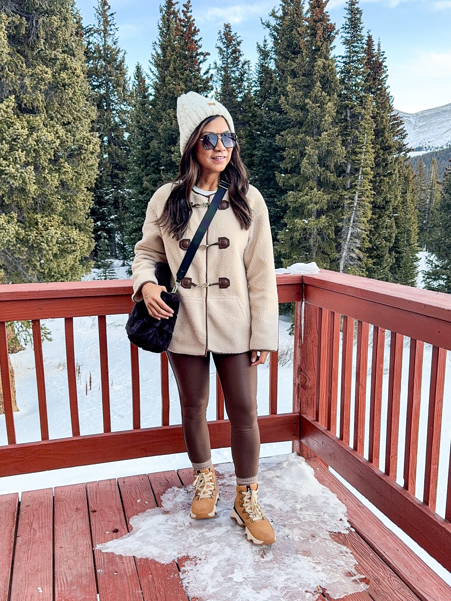 
Sherpa fleece jacket in small, tts; color is  Apricot. So soft and looks high end. 
Faux leather leggings in small, tts.
Waterproof winter boots fit tts. I swapped out the orange shoelaces to Ivory.
Wool socks are linked. 
White long sleeve tee underneath in size medium(size up).
Lululemon Sherpa crossbody bag. 
My fav thermal set is linked, wearing small tts. I packed  3 colors for this trip. 
Winter outfit, Amazon finds, fashion over 50, midlife fashion, petite fashion, vacation outfit, snowboarding day outfit. 

#LTKFindsUnder50 #LTKOver40 #LTKStyleTip