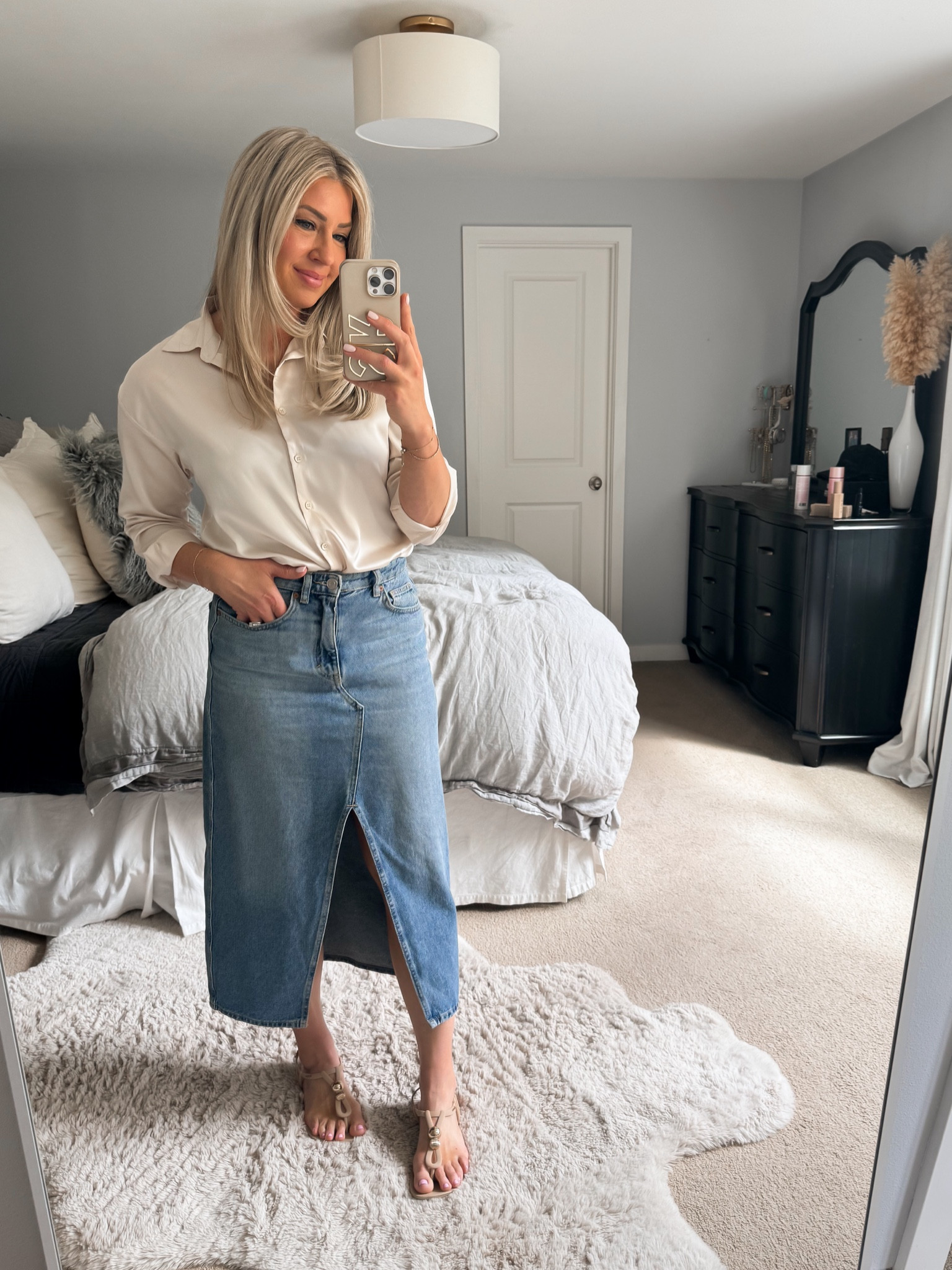 Denim maxi skirt 
Outfit idea 
Size up in the sandals 

#LTKStyleTip #LTKShoeCrush #LTKFindsUnder50