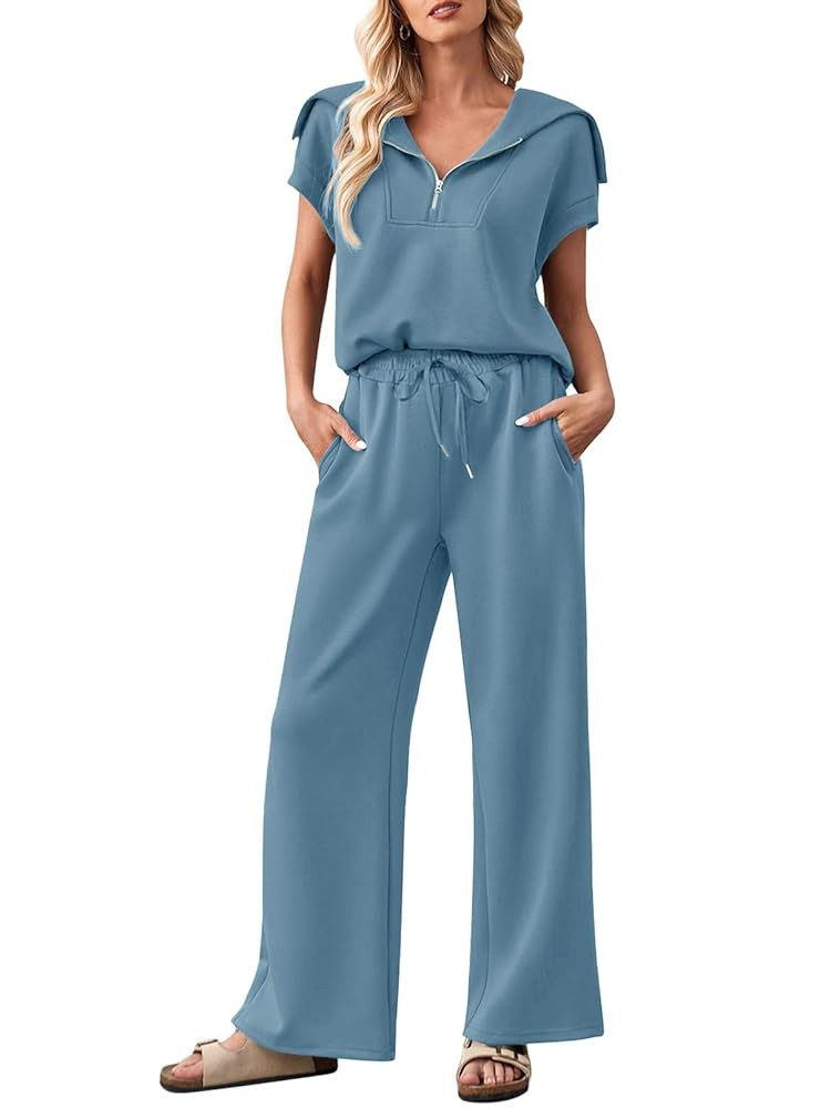MEROKEETY Women 2 Piece Set Summer Outfits Sweatsuit Half Zip Cap Sleeve Sweatshirt Wide Leg Swea... | Amazon (US)