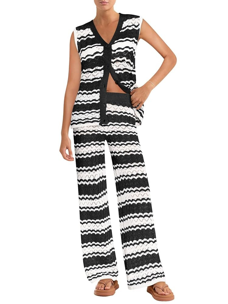 Imily Bela Womens 2 Piece Cover up Crochet Sets Striped Sleeveless Vest Tops Wide Leg Pants Summe... | Amazon (US)