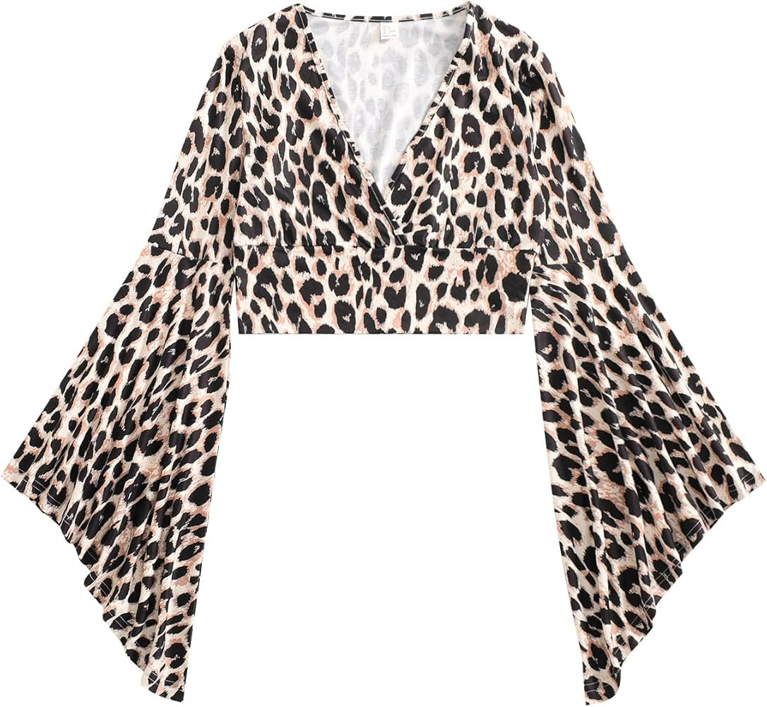 Floerns Women's V Neck Long Bell Sleeve Wrap Blouse Top Tee Shirts | Amazon (US)