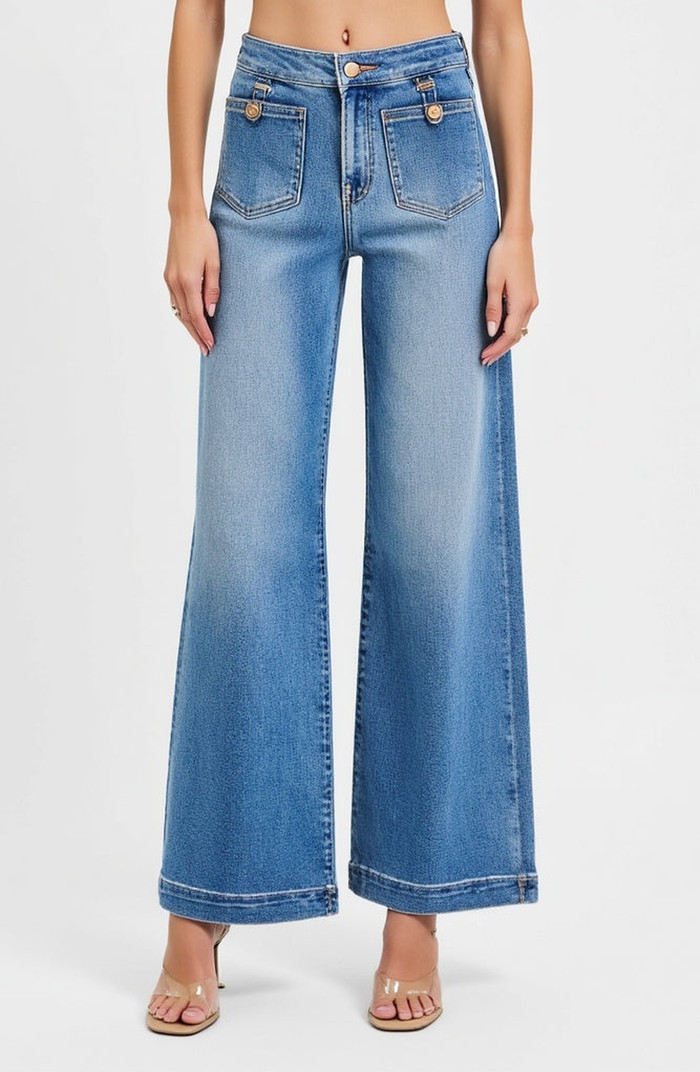 Modenaire High Waist Wide-Leg Jeans with Buttoned Patch Pockets and Rolled Hem | Nordstrom | Nordstrom