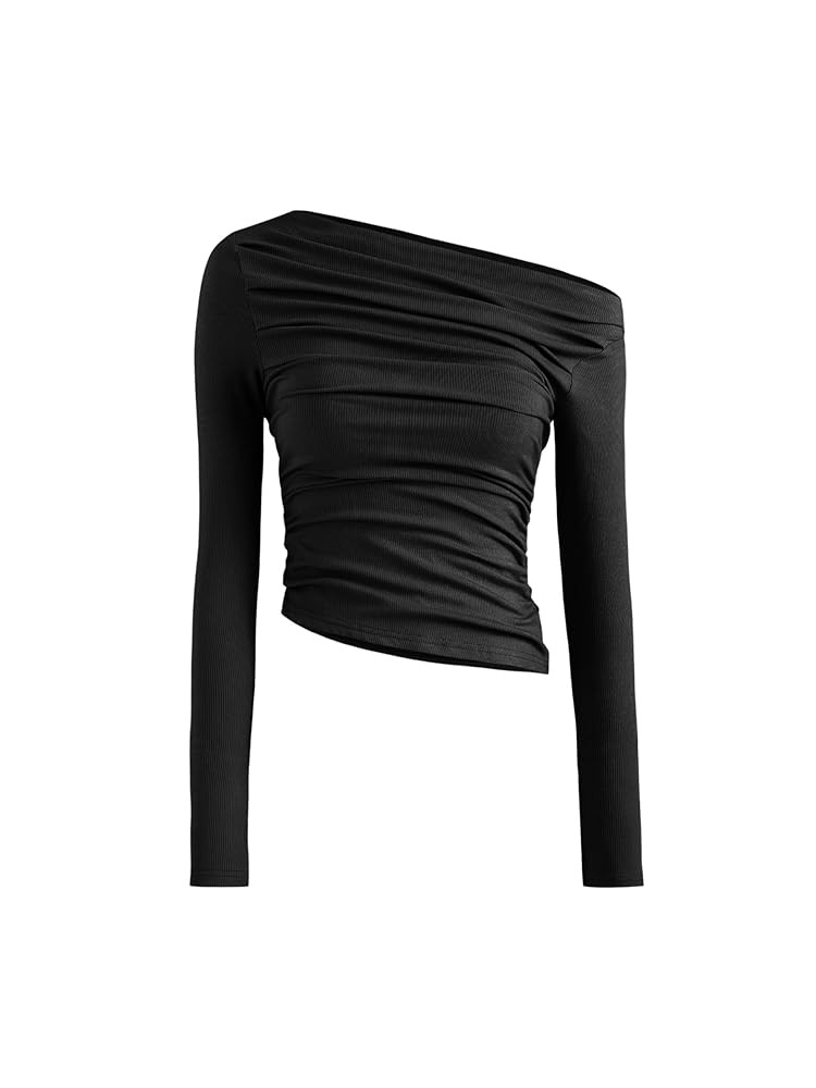 CIDER Women's Asymmetrical Top Off The Shouler Long Sleeve Shirts Ruched Going Out Crop Tops | Amazon (US)