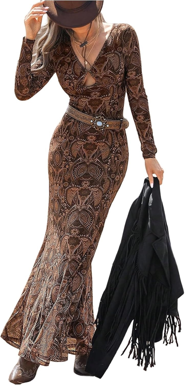 WDIRARA Women's Paisley Print Fishtail Maxi Dress Western Dresses | Amazon (US)