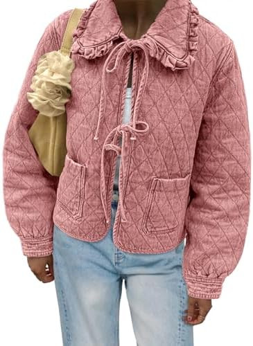 Tankaneo Womens Quilted Denim Puffer Jackets Tie Front Bow Cropped Puffy Jackets Fall Cute Short ... | Amazon (US)