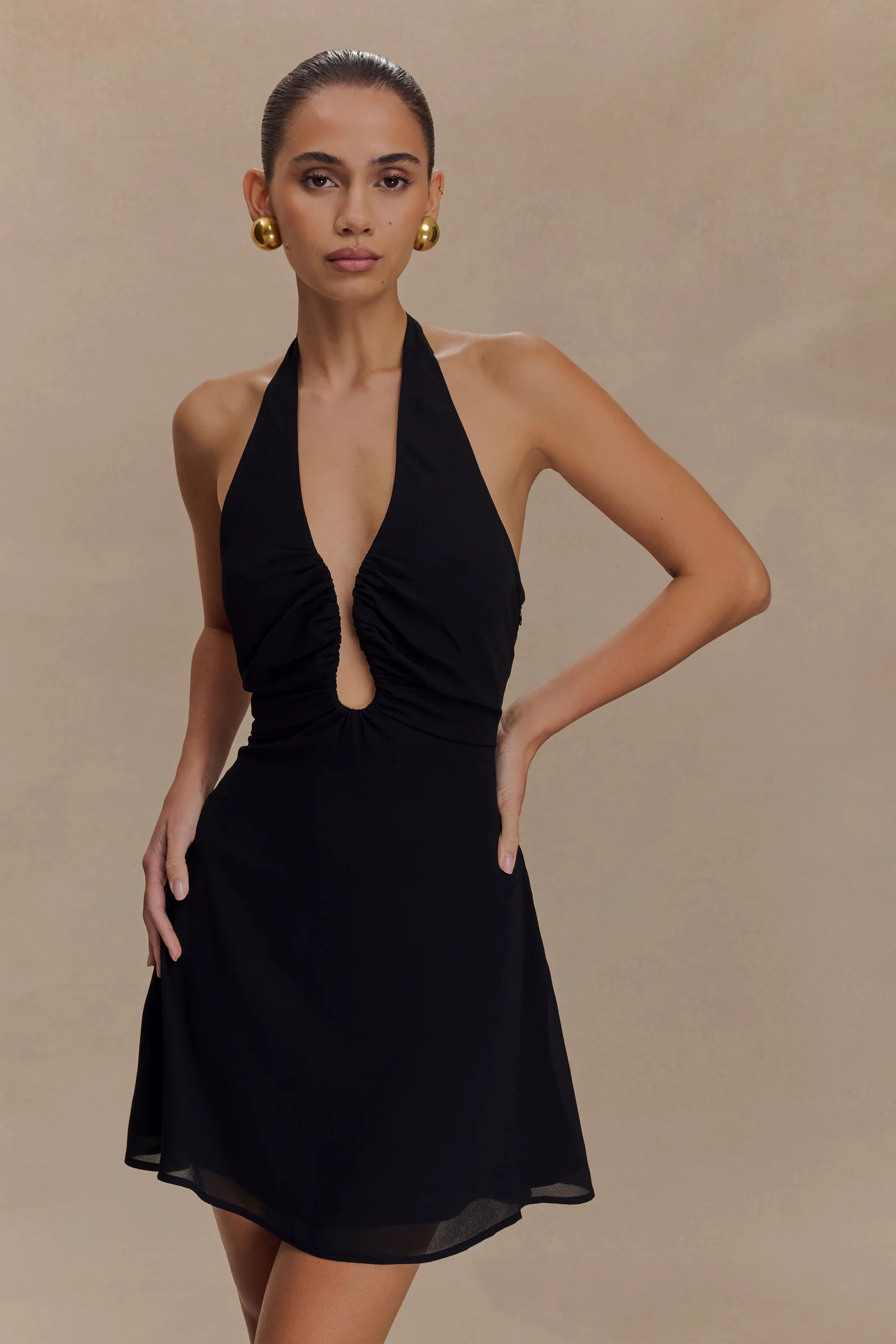 Malakhai Chiffon Halter Mini Dress - Black | MESHKI US