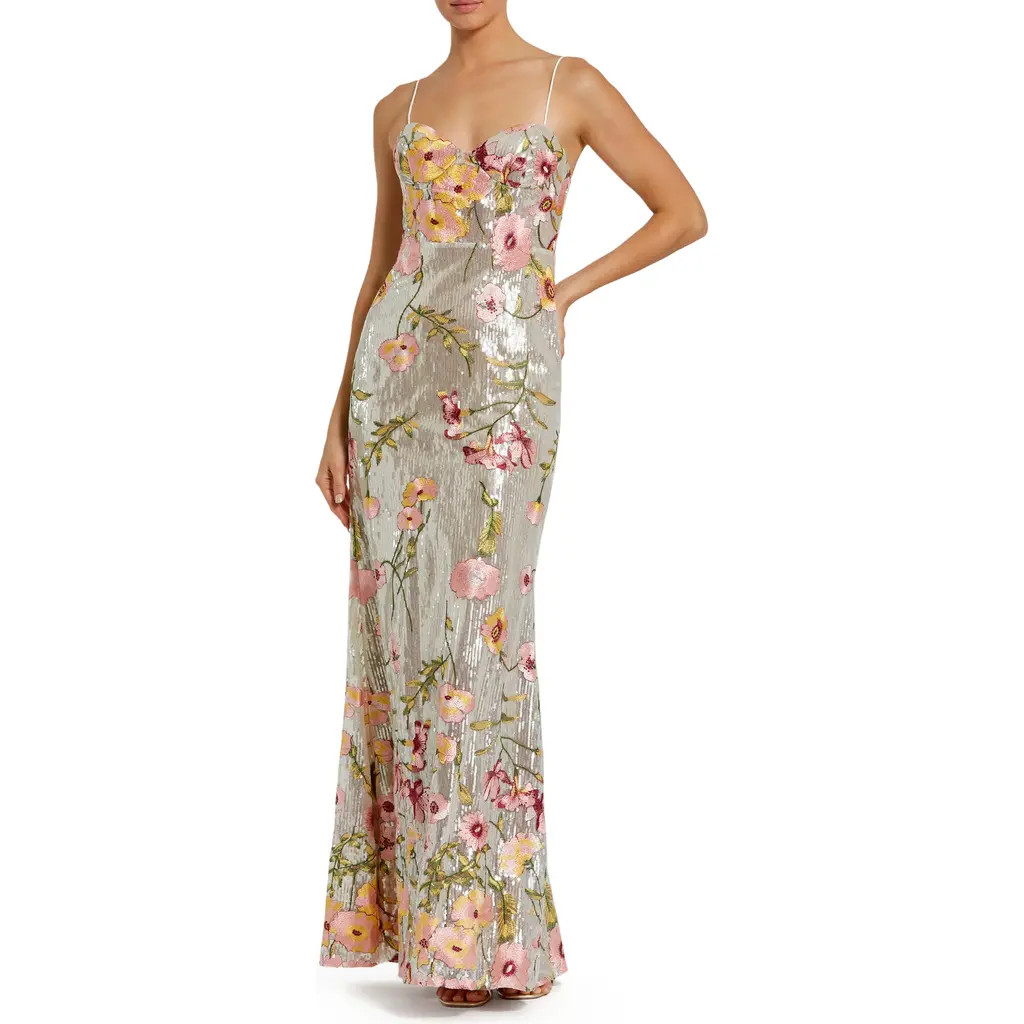 Mac Duggal Sleeveless Bustier Floral Applique Gown in Silver Multi at Nordstrom, Size 4 | Nordstrom
