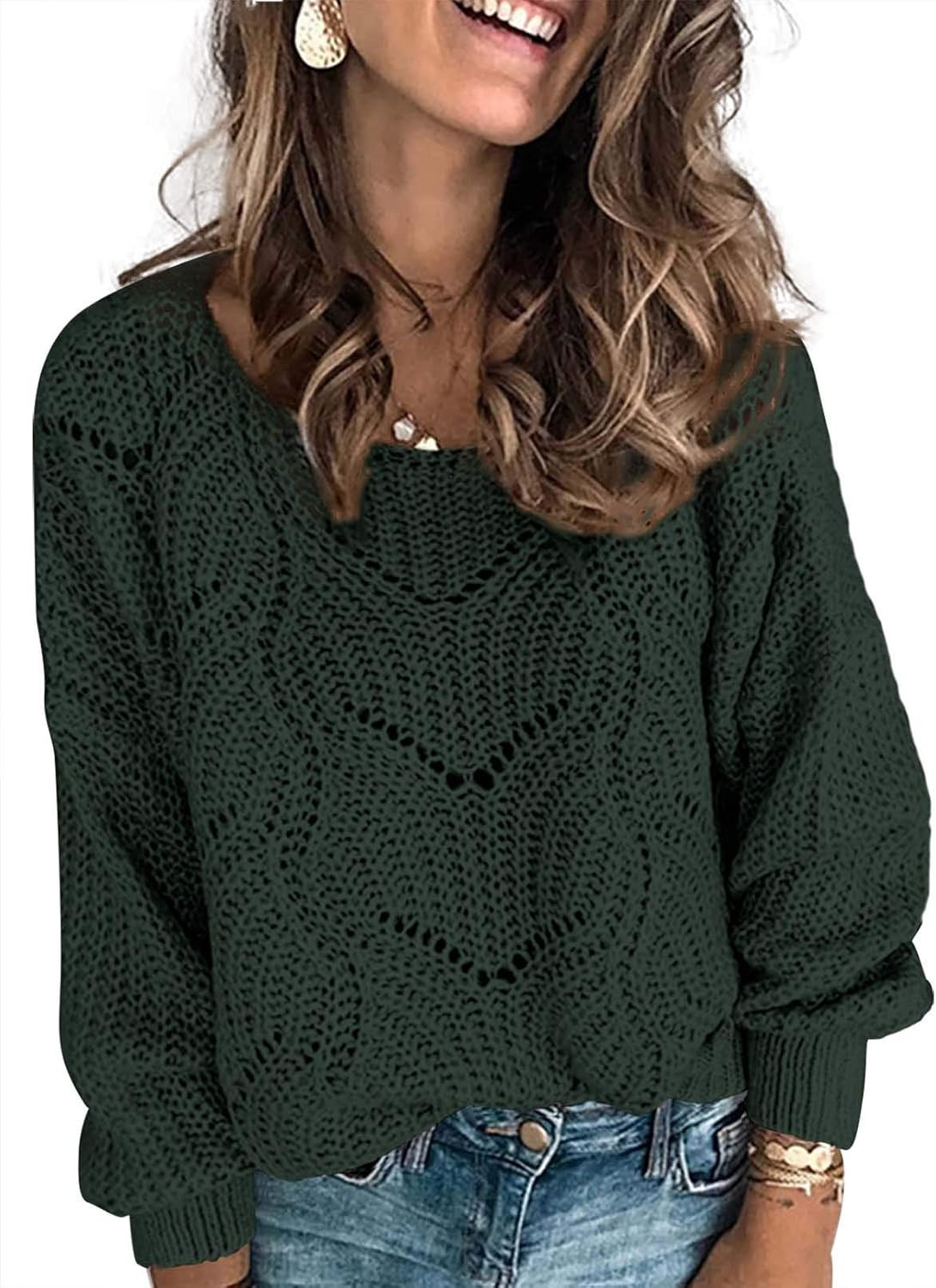 Dokotoo Womens Cute Soft Crewneck Long Sleeve Hollow Cable Knit Pullover Sweaters | Amazon (US)