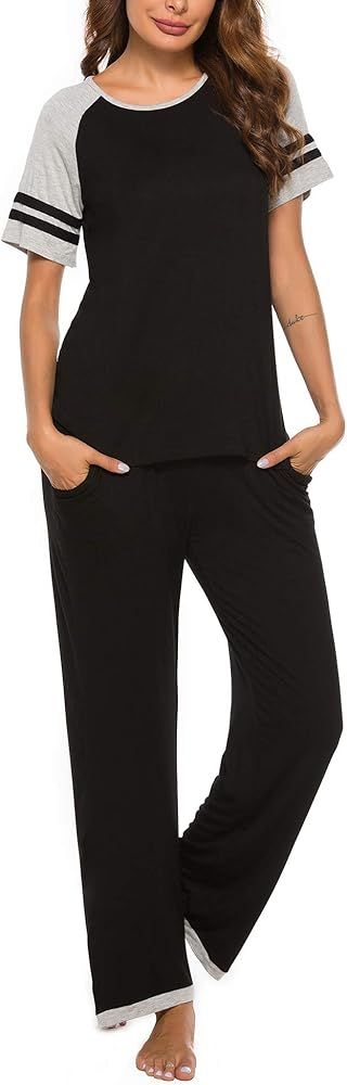 FINWANLO Womens Pajamas Set Short Sleeve Top and Pants with Pockets Cotton Sleepwear Pjs Sets | Amazon (US)
