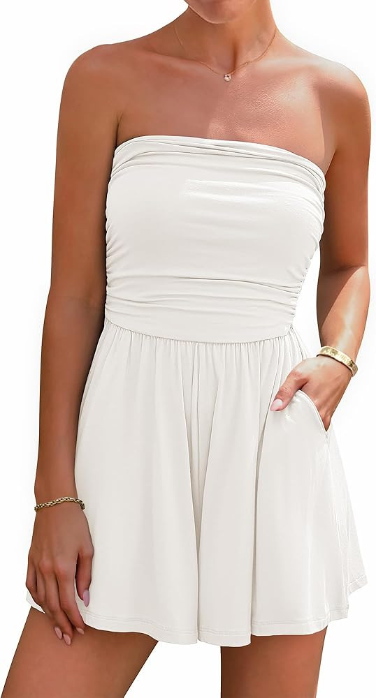 BTFBM Womens Romper 2026 Spring Summer Strapless Tube Tops Beach Vacation Clothes Boho Loose Shor... | Amazon (US)