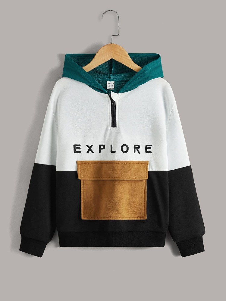 SHEIN Boys Letter Embroidered Half Zip Placket Hoodie | SHEIN