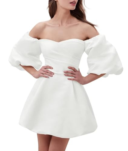 Puff Sleeve Short Wedding Dress Sweetheart Satin Ivory Homecoming Dress for Teens A Line Mini Reception Dress Off Shoulder Formal Bridal Gowns US02 | Amazon (US)