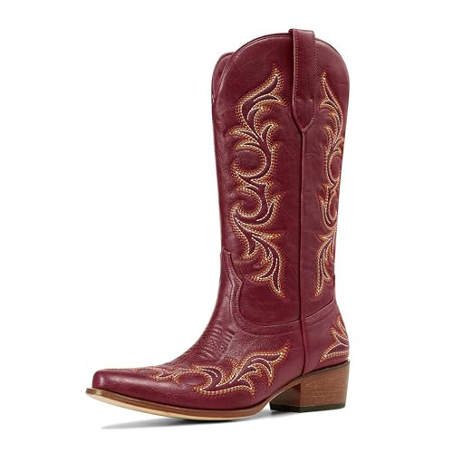 Ouepiano Red Cowboy Boots for Women Cowgirl Mid Calf Western Embroidered Chunky heels Pointed Toe Pull On Vintage Fashion Country Boot Size 9.5 | Amazon (US)