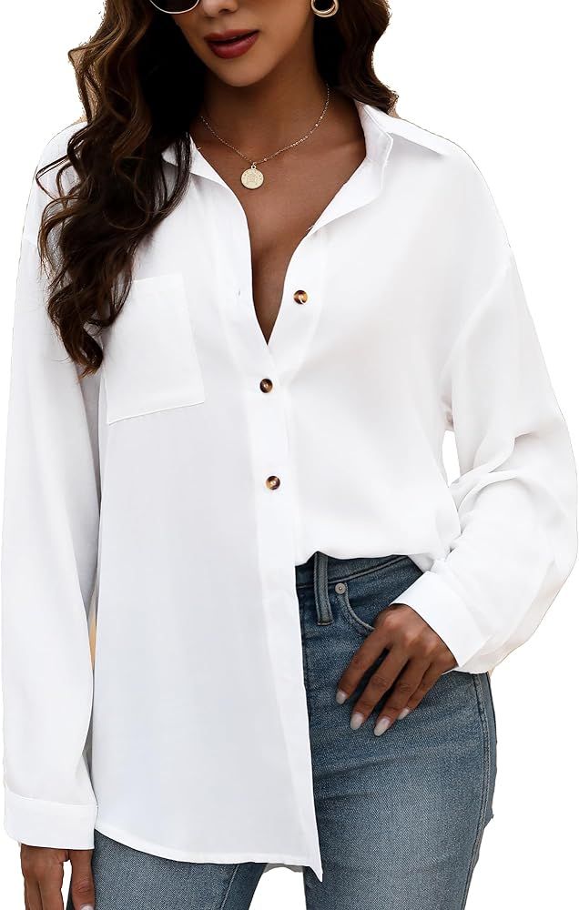 KYLELOVE Womens Button Down Collared Shirts Long Sleeve Blouses Oversized Causal Tops with Pocket | Amazon (US)