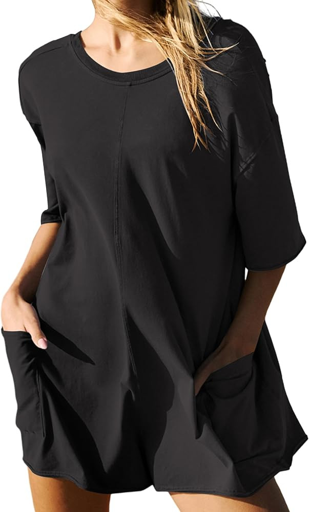 Athletic Jumpsuits Back V Neck Workout T-shirt Rompers Short Sleeve Oversized Onesie Casual Activ... | Amazon (US)