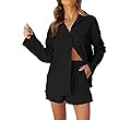 MEROKEETY Women's 2 Piece Outfits Long Sleeve Button Down Textured Shirt and Shorts Lounge Sets | Amazon (US)