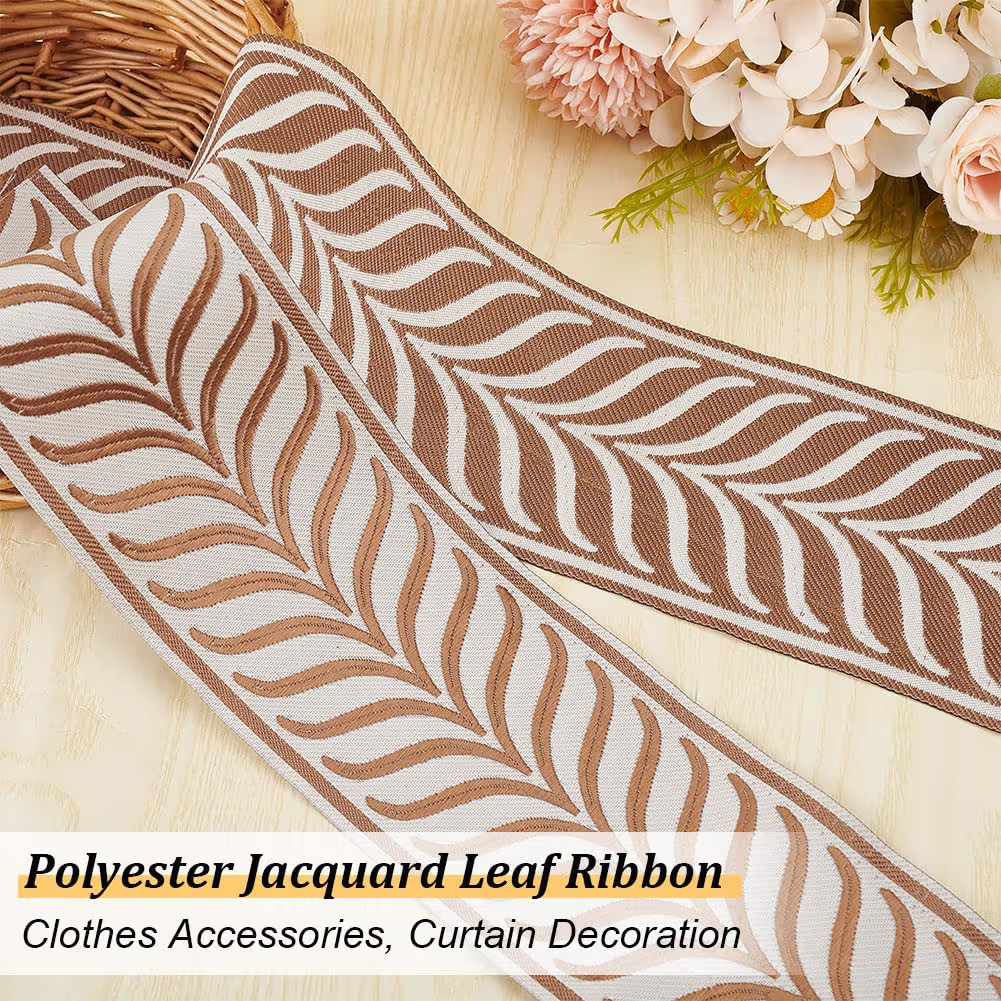 OLYCRAFT 5.5 Yards/5M Jacquard Ribbon Trim 3.4 Inch Leaf Striped Jacquard Polyester Ribbons Camel... | Amazon (US)