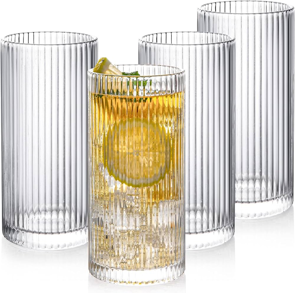 Drinking Glasses with Origami Style Set of 4 Glass Cups, 12 oz Ribbed Glassware, 4 Tall Highball ... | Amazon (US)