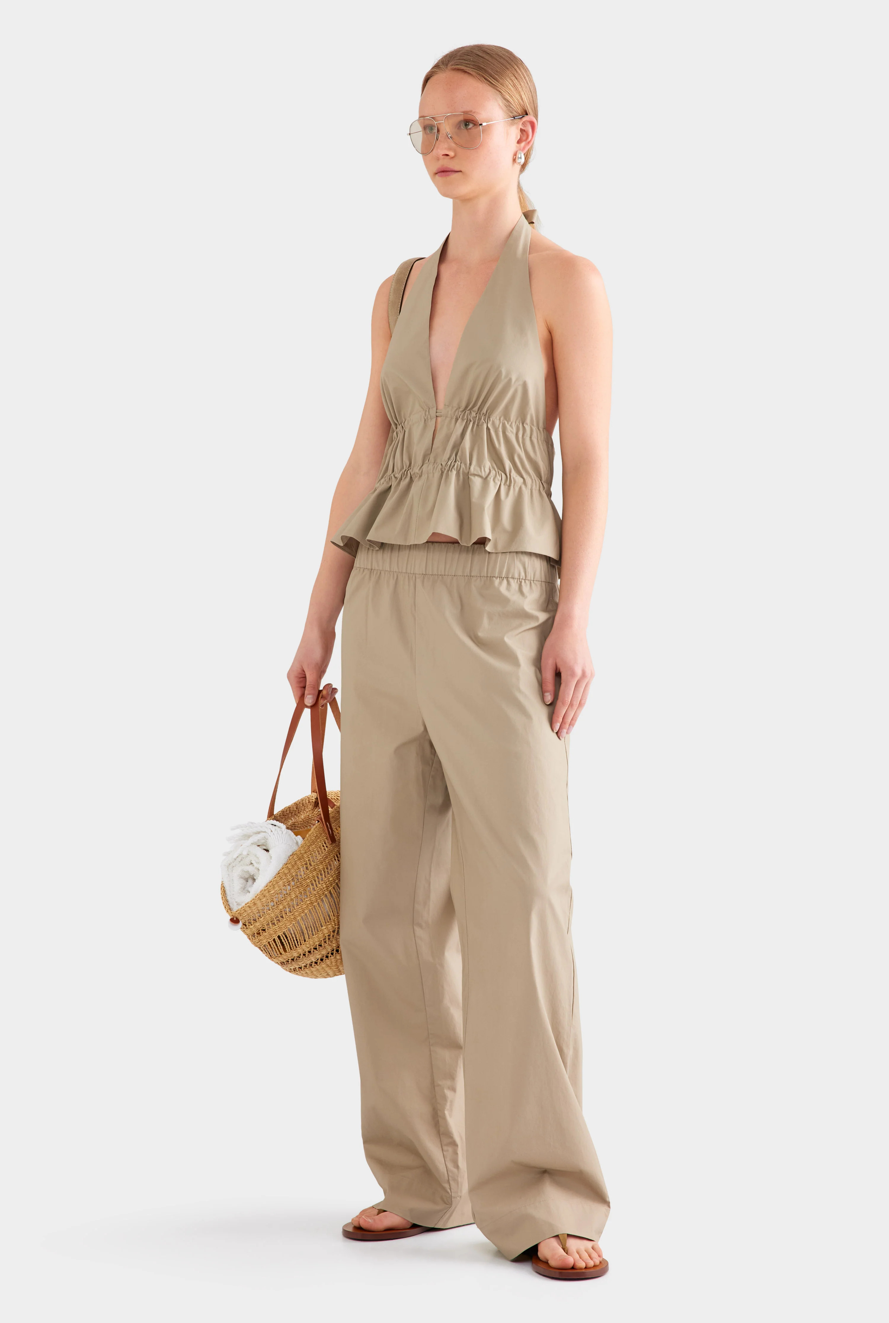 Womens Cotton Poplin Halter Top Pebble | Venroy | Venroy AU