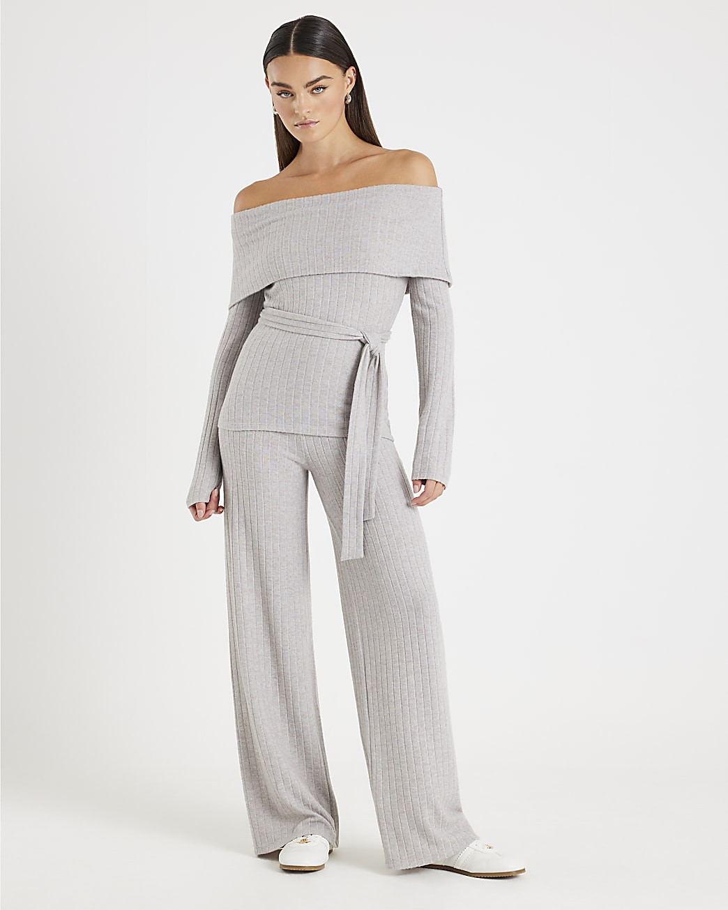 Grey Bardot Top And Trousers Loungewear Set | River Island UK & IE