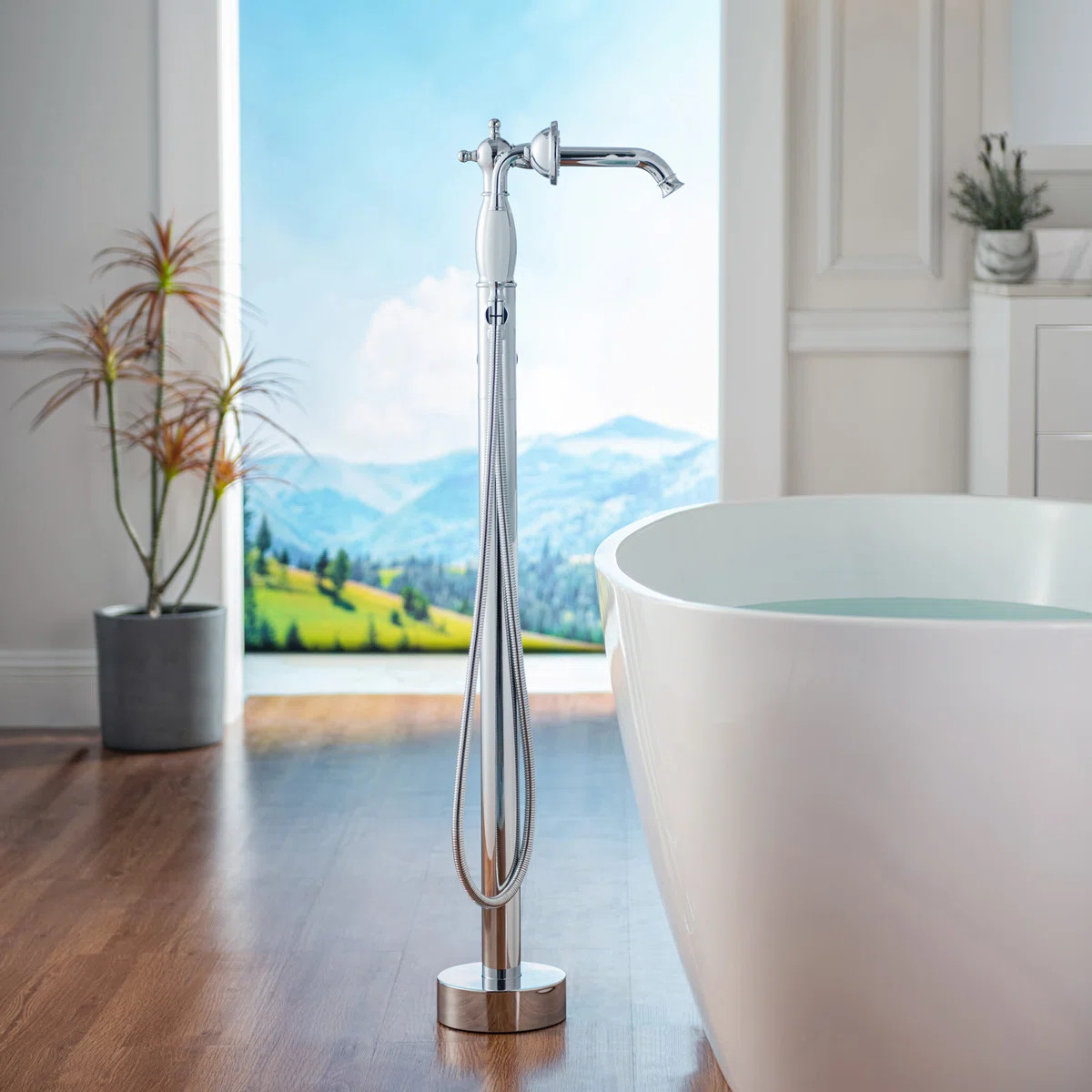 Eden 1 Handle Floor Freestanding Tub Filler with Diverter F0046CH | Wayfair North America